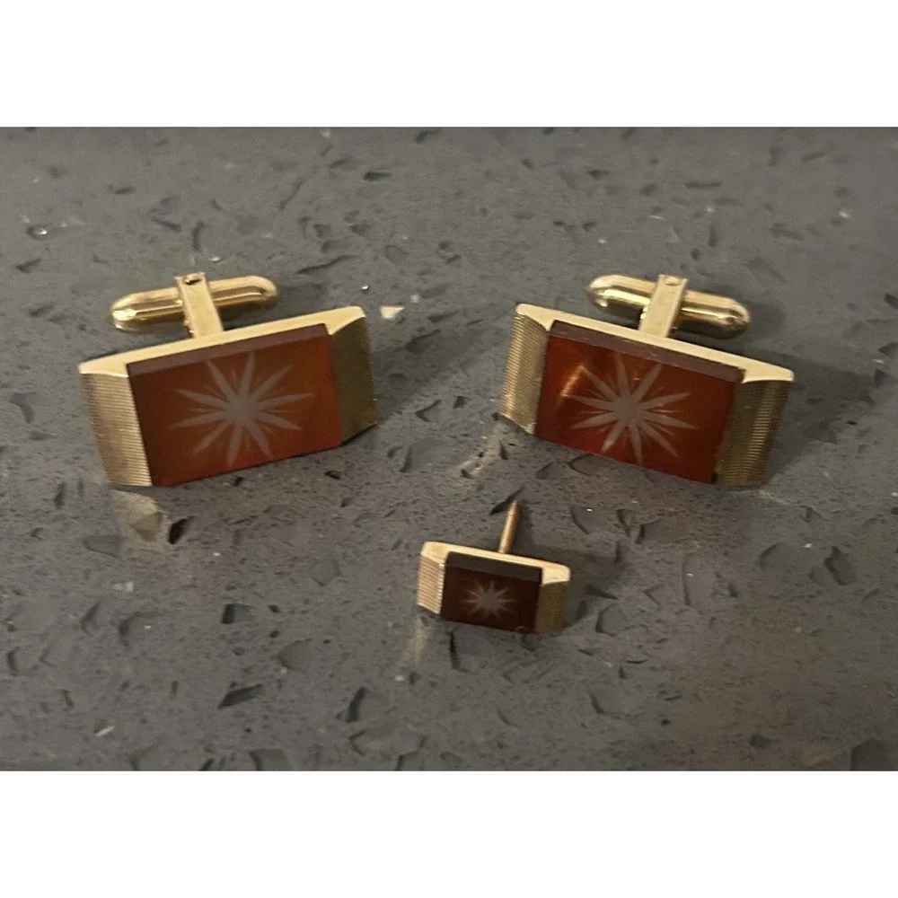 Mid Century Gold Tone Sunburst Cufflinks + Tie Clips‎ Vintage Swank Mod Sun